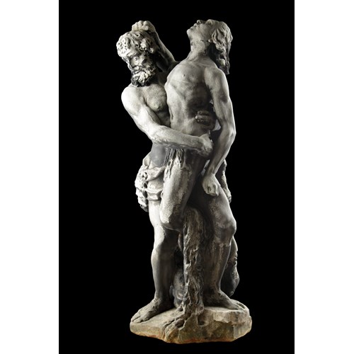 Baroque Bentheim Sandstone Mythological Sculpture of the God Hercules Wrestling the Giant Antaeus a Lion Skin Paw Feet and Mask Head Draped Around His Torso